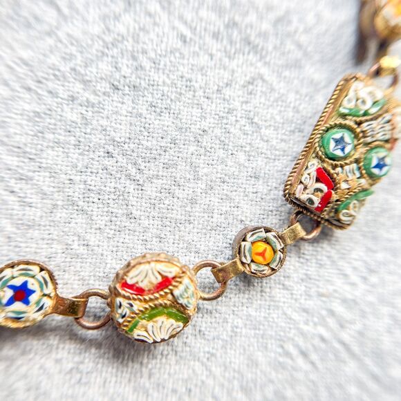Antique Italian Micro Mosaic Bracelet - Gilt Brass - Estate Costume Jewelry - Picture 10 of 16
